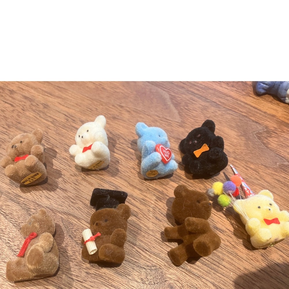 Vintage Miniature Flocked Teddy Bears Lot of 8 Graduation Birthday 1980s Taiwan